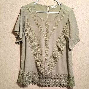 Women's XXL Sage Green Lightweight With Crochet Detailing Blouse, Cottage Core
